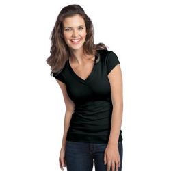 District - Juniors Cotton/Spandex Banded V-Neck Tee. DT247